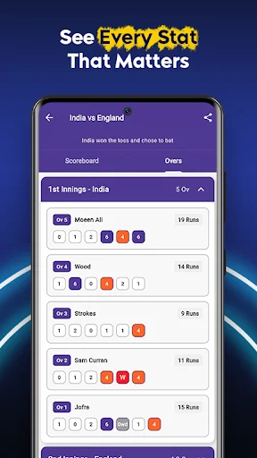 Descargar CrickMatch – Marcador de Críquet en Vivo y Estadísticas - Screenshot 4